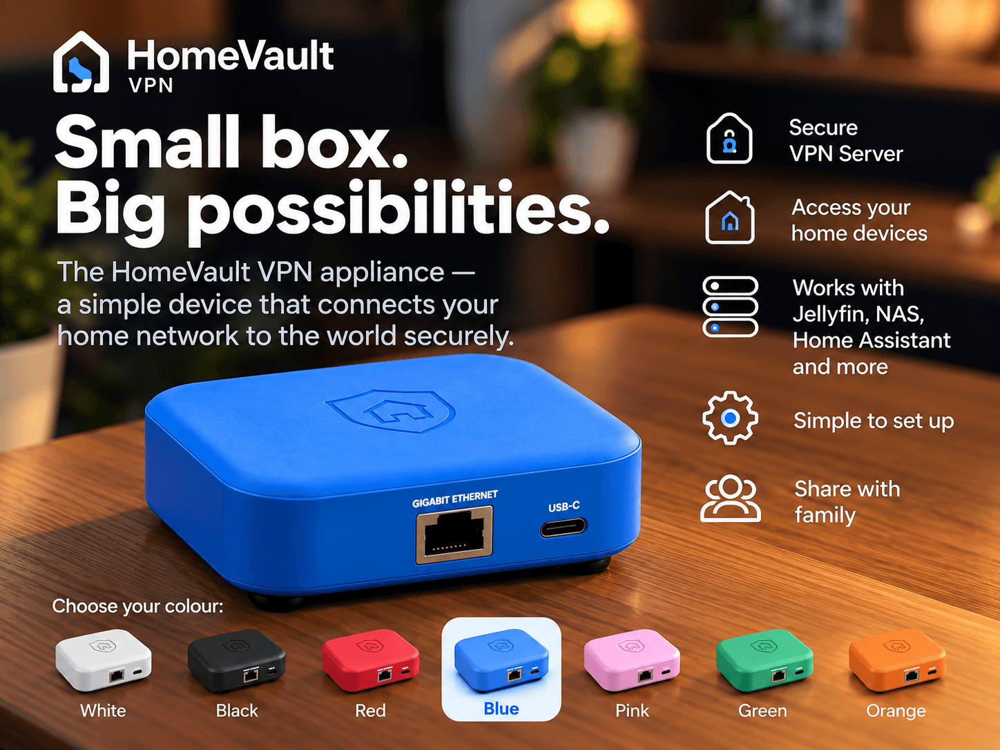 HomeVault connected to a home router with Ethernet and USB-C power