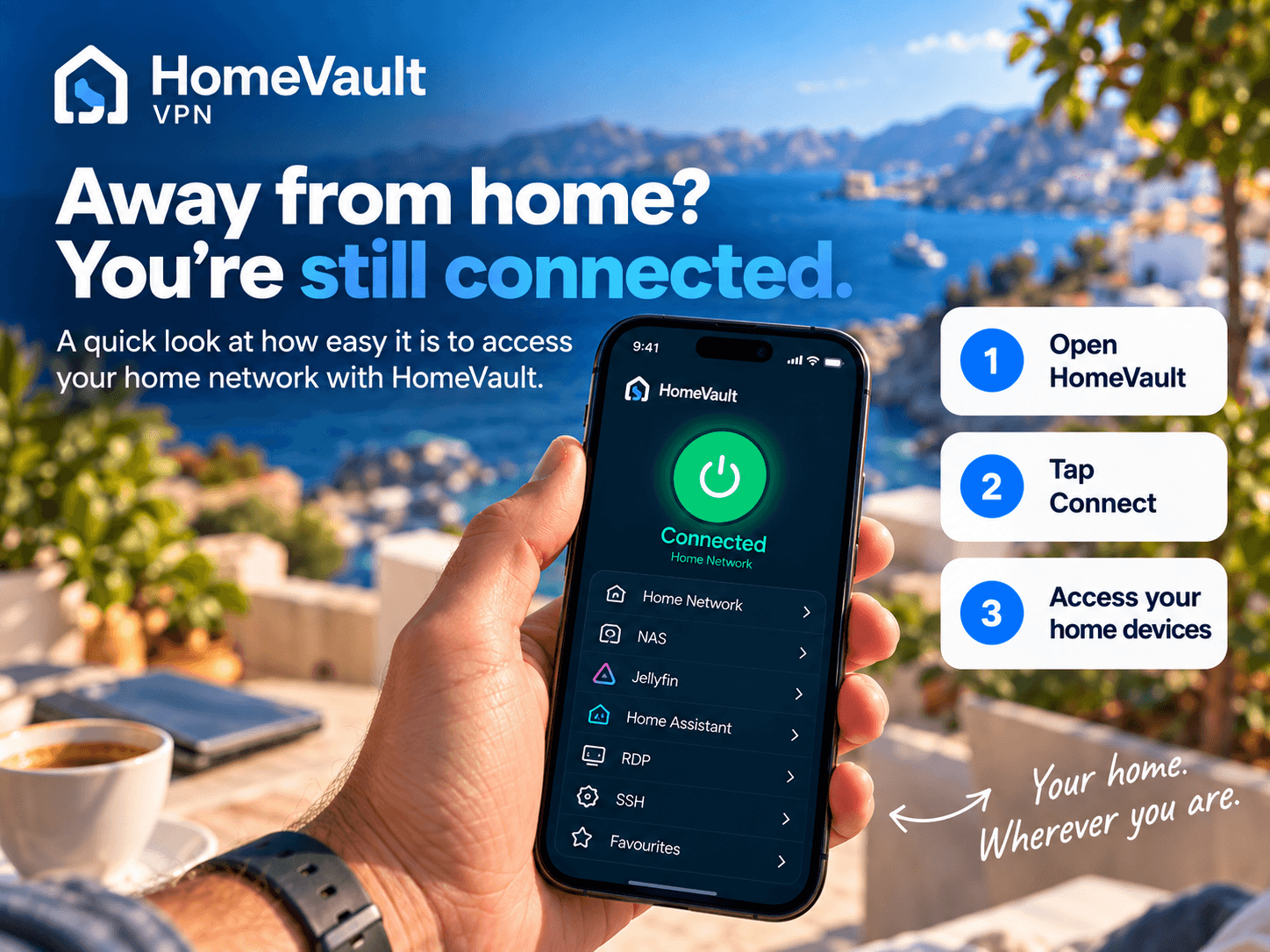 HomeVault VPN app connected from a holiday destination, showing shortcuts to home devices and services