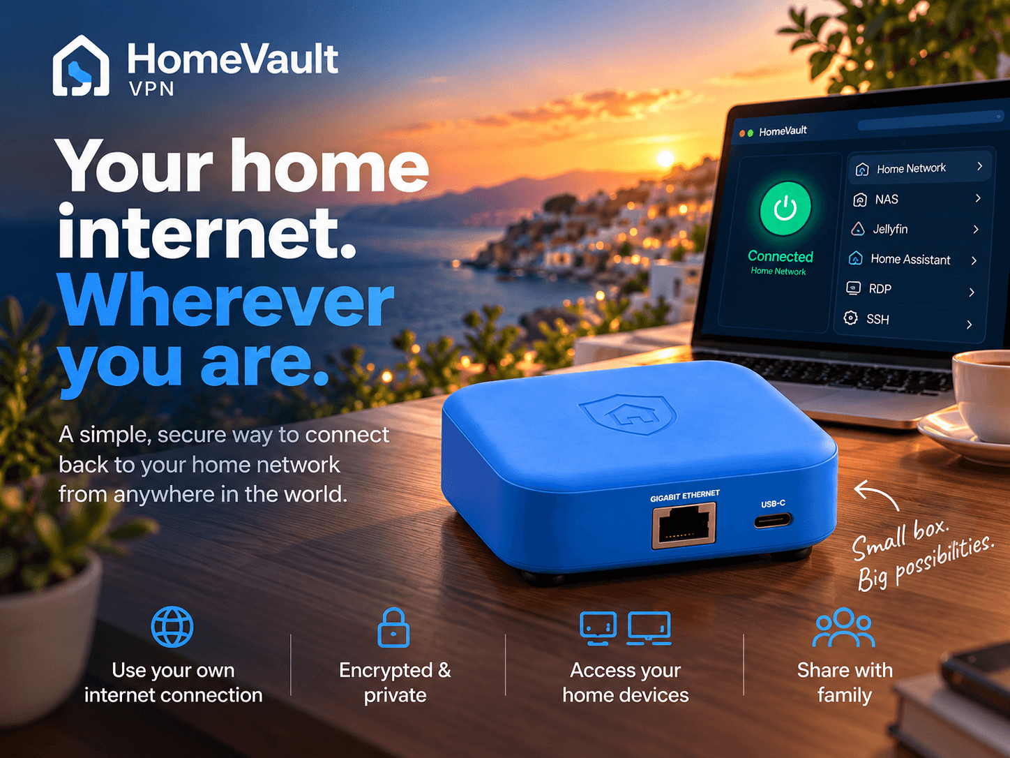 HomeVault VPN connected beside a laptop for remote access to files, servers and desktops
